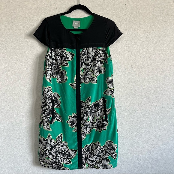 Maeve‎ Anthropologie Silk Ayame Dress Green/Black Floral Pockets - Picture 2 of 8